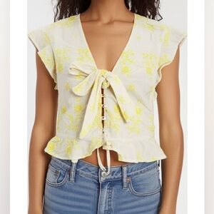 Abercrombie & Fitch Ruffle Embroidered Yellow and Cream Tie-Front Top- XS